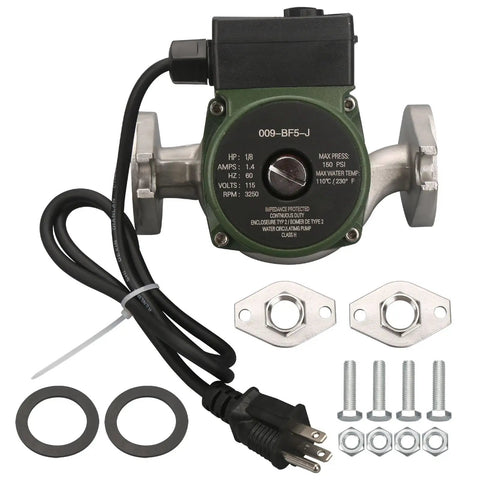 Top Shelf Heavy Duty 1/8 HP Circulator Pump with stainless steel body, 115V motor, accessories for radiant heating system.