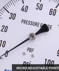 Close-up of dial on Beefy Stainless Steel Case Contractor Pressure Gauge 0 To 100 PSI with micro-adjustable pointer for accuracy.