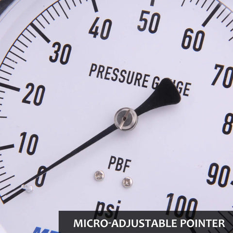 Close-up of dial on Beefy Stainless Steel Case Contractor Pressure Gauge 0 To 100 PSI with micro-adjustable pointer for accuracy.