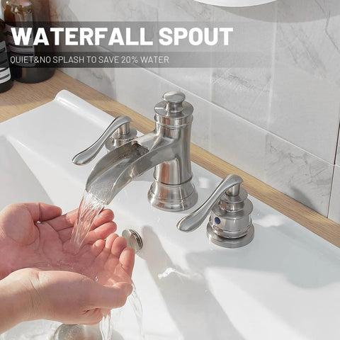8 Inch Widespread Bathroom Faucet With Three Holes And Two Handles In Dope Brushed Nickel Finish Farmhouse Style Waterfall Sink Faucet