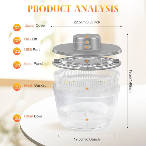 Massive 4L Electric Salad Spinner With Wireless Usb Charging Heavy Duty Veggie Dryer And Roomy Lettuce Bowl parts diagram detailing components.