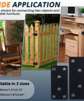Heavy Duty Mending Plates Pack Of Four Black Steel Straight Brace Brackets For Furniture And Shelves Tough As Nails Joining Hardware, shown on a chair and fence.