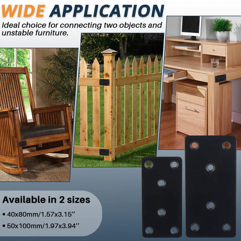 Heavy Duty Mending Plates Pack Of Four Black Steel Straight Brace Brackets For Furniture And Shelves Tough As Nails Joining Hardware, shown on a chair and fence.