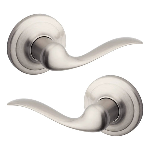 Dummy Door Lever Handle For Closets And Pantries, Right Handed Interior Pull For French Double Doors, Satin Nickel With Microban Protection, No Turn, Easy DIY Install, close-up view.
