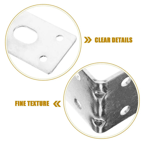 Close-up of Sturdy Heavy Duty Iron L Shape Shelf Brackets Set Of 5 90 Degree Corner Supports For Shelves And Furniture Easy To Install Silver Finish DIY Home Improvement Hardware showing texture and hole details.