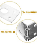 Close-up details of heavy duty right angle shelf brackets, steel L shape with fine texture and clear hole placement
