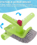 Green 90 degree rotatable scrub brush for pool corners, part of 3 Piece Pool Cleaning Kit With Skimmer Net, 17.5 Inch Aluminum Wall Brush