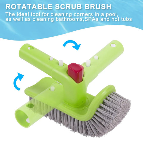 Green 90 degree rotatable scrub brush for pool corners, part of 3 Piece Pool Cleaning Kit With Skimmer Net, 17.5 Inch Aluminum Wall Brush