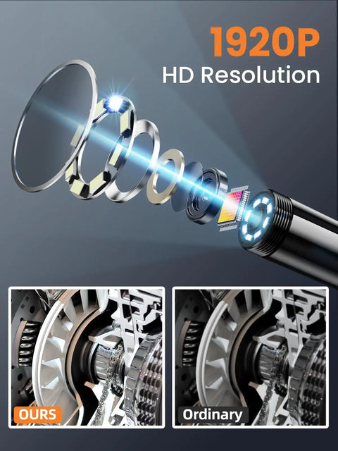 Exploded view of Endoscope Cam With Light 1920P Borescope Eight LED Lights 33 Ft, highlighting HD resolution and detail comparison.