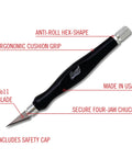 Pro Grade Grip Craft Knife With 11 Ultra Sharp Carbon Steel Angled Blade And Contoured Rubber Grip For DIY Art Hobby And Model Projects Made In The USA For Precision Projects, featuring ergonomic cushion grip and safety cap.