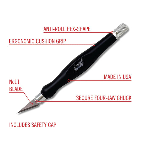 Pro Grade Grip Craft Knife With 11 Ultra Sharp Carbon Steel Angled Blade And Contoured Rubber Grip For DIY Art Hobby And Model Projects Made In The USA For Precision Projects, featuring ergonomic cushion grip and safety cap.