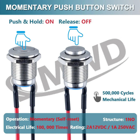 5 Pack 12mm Momentary Push Button Switch 1NO Normally Open Waterproof IP66 Stainless Steel Case With Pre Soldered Cable 12V 24V 36V 110V 250V For Electronics DIY Projects, two views