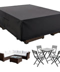 Black heavy duty outdoor furniture cover for rectangular patio table and chairs, 600D UV resistant and waterproof, 108x82x28 inches.