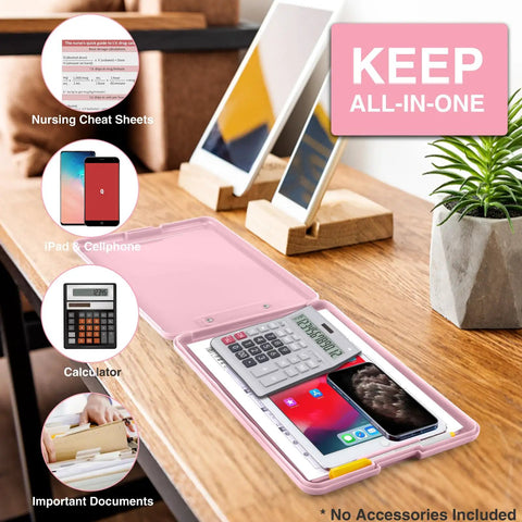 Storage Clipboards With Low Profile Clip For Work And School 8.5x11 Inch Clipboard Case With Snap Closure And Hanging Hole Nurse Friendly For Classrooms And Office Use Must Have shown open on desk holding calculator, phone, and documents
