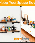 Heavy Duty Black Pipe Shelf Brackets 8 Inch Set demonstrating tidy storage in home office with rustic industrial style