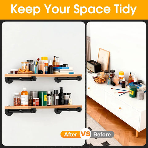 Heavy Duty Black Pipe Shelf Brackets 8 Inch Set demonstrating tidy storage in home office with rustic industrial style