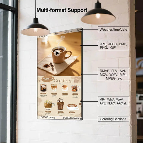 49 Inch Ultra Bright Ceiling Mount Commercial Digital Signage Board With Kickass 2000 Nits Brightness Heavy Duty 4K Display showing coffee menu.