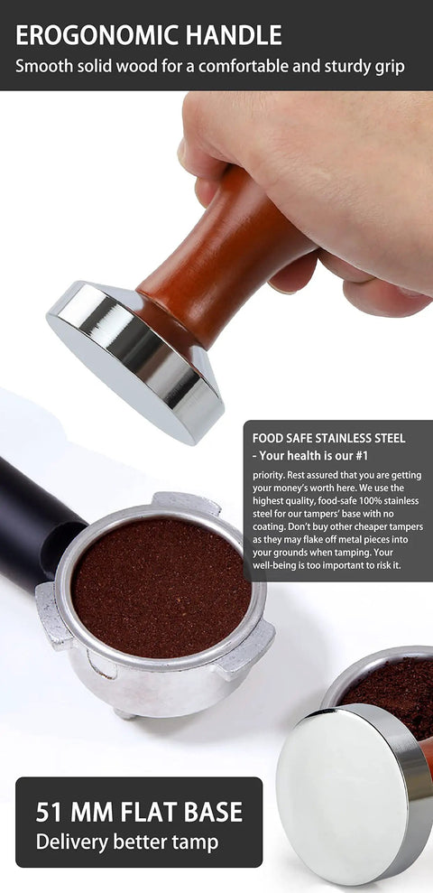51mm Espresso Tamper With Stainless Steel Flat Base And Solid Wood Handle For 51mm Portafilters, showcasing ergonomic grip