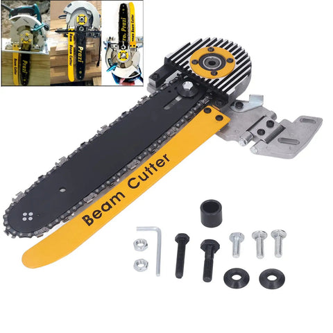 Beast Mode 12 Inch Beam Cutter Attachment For 7.25 Inch Saws And Circular Saw Chainsaw Setup displayed with accessories.