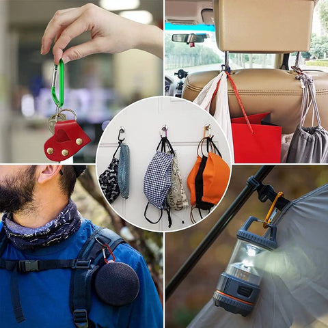 2 Point 28 Inch Small Aluminum Carabiner Clips Set Of 20 D Ring Keychain Clips in use for travel gear and everyday carry.