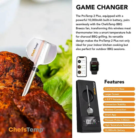 Close-up of ProTemp 2 Plus Wireless Meat Thermometer with Temperature Controller in grilled meat.