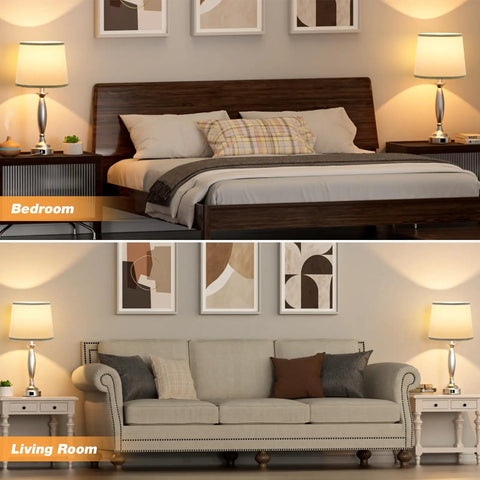 Grey White USB Table Lamps Two Pack For Bedrooms And Nightstands With Rotary Switch Lit USB Charging Ports Brushed Nickel Base
