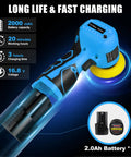 Compact Cordless Palm Sander With 16.8V Battery And 3 Inch Pad, showcasing battery life and charging details for wood sanding.