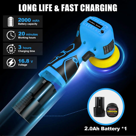 Compact Cordless Palm Sander With 16.8V Battery And 3 Inch Pad, showcasing battery life and charging details for wood sanding.