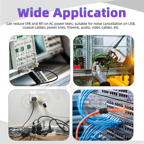 Various uses of Clip On Ferrite Ring Core Kit in reducing EMI RFI on different cables in electronics setup