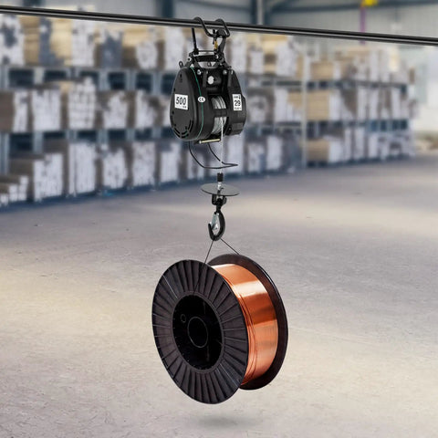 Heavy Duty Electric Hoist With 1102 Lb Capacity and Wired Remote Control Lift for Garage Shop or Factory Jobs, lifting copper wire spool.