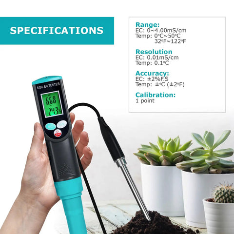 Pro Grade Soil EC Meter 2 In 1 Temperature Tester With Corded Sensor Backlit LCD Display measuring soil near potted plants
