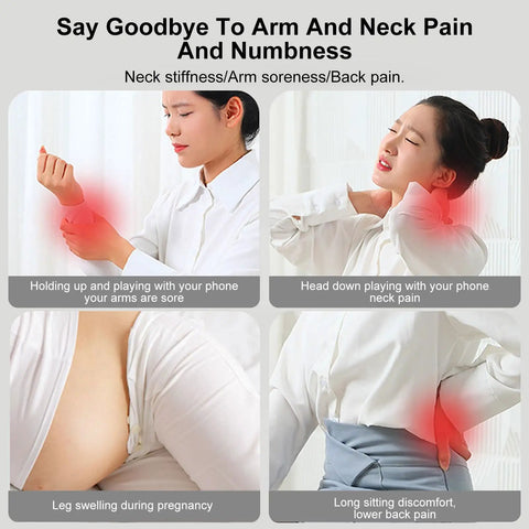 Four images showing causes of arm, neck, and back pain: phone use, pregnancy swelling, and sitting discomfort.