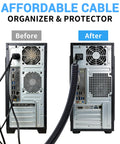 Comparison of computer backs with and without 20ft Split Wire Loom Tubing For Cords Black Quarter Inch Inner Diameter Cable Sleeve