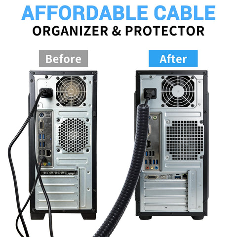 Comparison of computer backs with and without 20ft Split Wire Loom Tubing For Cords Black Quarter Inch Inner Diameter Cable Sleeve