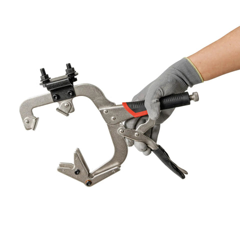 Locking Welding Clamp With Swivel V Type Pads And Installing Support For Handheld And Tabletop Use, 14 Inch Clamp In Hand