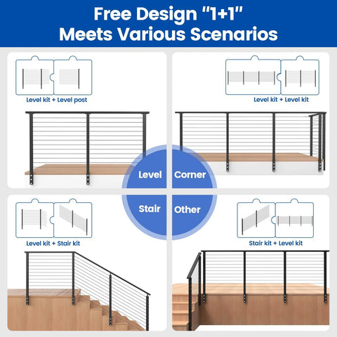 Image showcasing Side Mount Cable Railing Kit For Decks 15 To 20 Feet Adjustable Length 42 Inch Posts Four Level Post Set Complete Railing System With Swageless Invisible Cable Kit And Paper User Guide No Handrail displayed in various configurations.