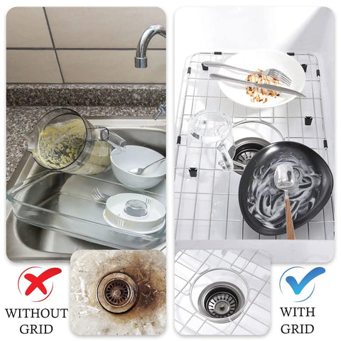 Comparison of kitchen sinks with and without grid, featuring Stainless Steel Kitchen Sink Grid And Protector For Center Drain Bottom Rack 24 1/8 By 12 5/8 Inches Rust Resistant Heavy Duty Sink Protector For Scratch Free Cleanups And Longer Sink Life, showing cleaner sink with grid.