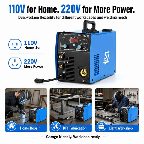 200 Amp MIG Welder 110V 220V 4 In 1 Gas MIG Flux Core Lift TIG And Stick Welding Machine showing digital display and controls