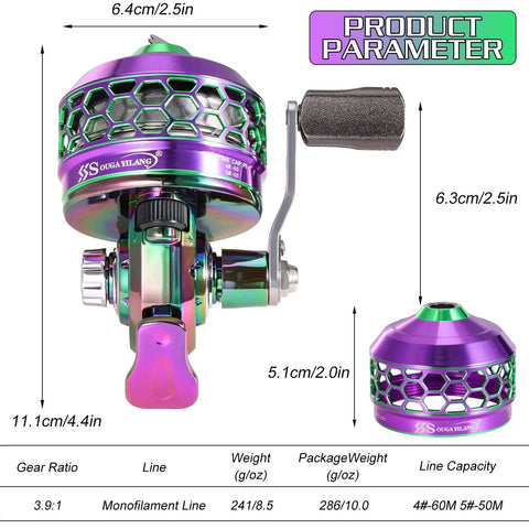 Purple coated spincast fishing reel with 3.9:1 gear ratio and reversible handle dimensions.