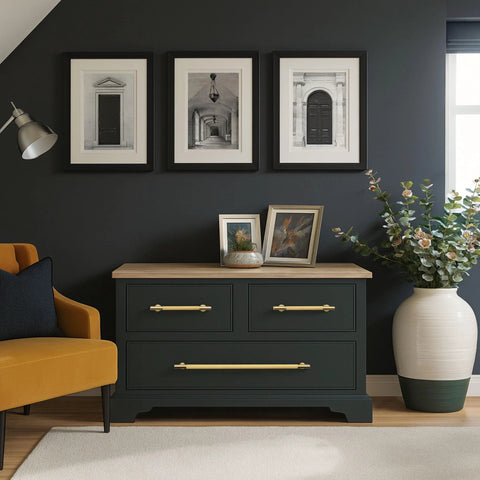 Dresser with Two Pack Solid Brass Cabinet Pulls With Grooved Gold Bar Handles, 12.6 Inch Center To Center, 15.2 Inch Total Length, Brushed Brass Finish.