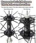 360 Degree Rotating Wheel Truing Stand For Bike Repair, Rim Safe Contact, foldable stand showing quick release and thru axle hubs