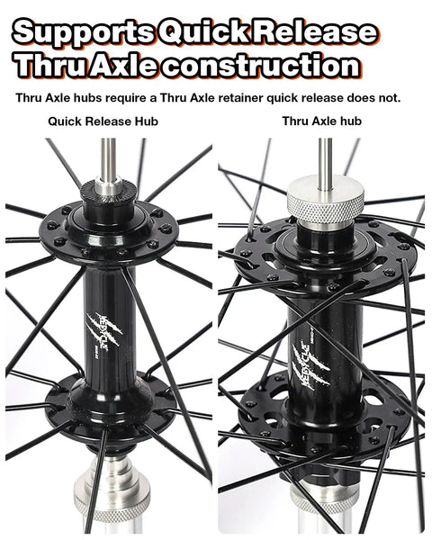 360 Degree Rotating Wheel Truing Stand For Bike Repair, Rim Safe Contact, foldable stand showing quick release and thru axle hubs