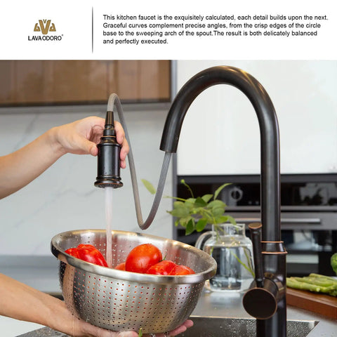 Oil Rubbed Bronze Pull Down Kitchen Faucet With Sprayer in use over sink with colander, Sleek Single Handle Design