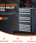 Three Drawer Drill Bit Dispenser Cabinet Set With 29 27 And 60 Compartments For One Sixteenth To One Half Inch And A To Z Bits Garage Ready Heavy Duty Workshop Organizer For Quick Access And Easy Sorting 3 Piece Drill Bit Storage Kit shown in workshop with rust-resistant steel construction