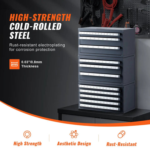 Three Drawer Drill Bit Dispenser Cabinet Set With 29 27 And 60 Compartments For One Sixteenth To One Half Inch And A To Z Bits Garage Ready Heavy Duty Workshop Organizer For Quick Access And Easy Sorting 3 Piece Drill Bit Storage Kit shown in workshop with rust-resistant steel construction