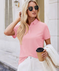 Light Pink Women Polo Shirt With Short Sleeve 3 Button Collared Golf Style Cotton Blend Lightweight Breathable All Day Comfort Work Top For Summer Casual Business Casual Tee Size M