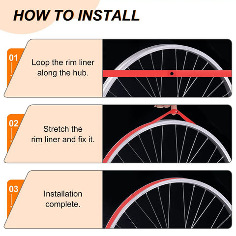 Installation steps for PVC Rim Tape 700C And 18mm 4 Pack Lightweight Wheel Rim Liner Guard on a bike wheel