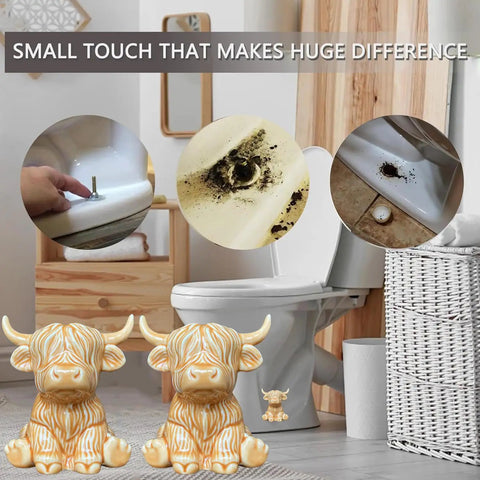 Adorable Highland Cow Toilet Bolt Covers Set Of Two Decorative Bathroom Screw Caps That Straight Up Hide Rusty Floor Mounts Easy Premium Painted Ceramic Install Brown on display near toilet.