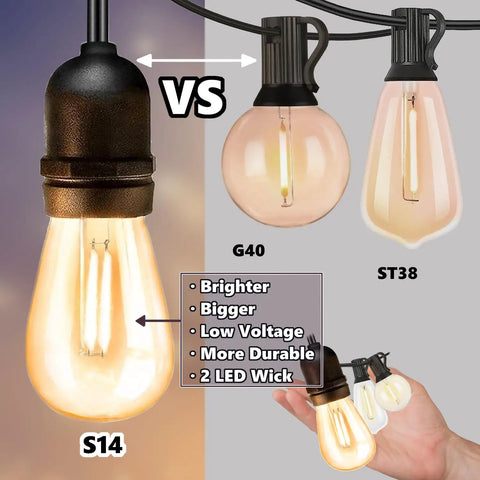 Comparison of S14, G40, ST38 bulbs for 52Ft Outdoor String Lights With Warm White And Cool White Color Change Dope Remote Control 11 Modes