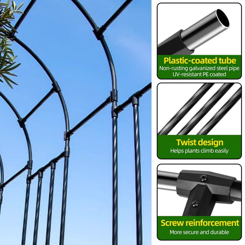 Beefy Garden Arch Trellis For Climbing Plants Outdoor 126 Inch Long 94.5 Inch High 15.8 Inch Wide Durable Galvanized Steel With Weatherproof Coating Perfect Lawn Decor For Weddings Parties And Ceremonies, close-up of plastic-coated tubes and screw reinforcement details.